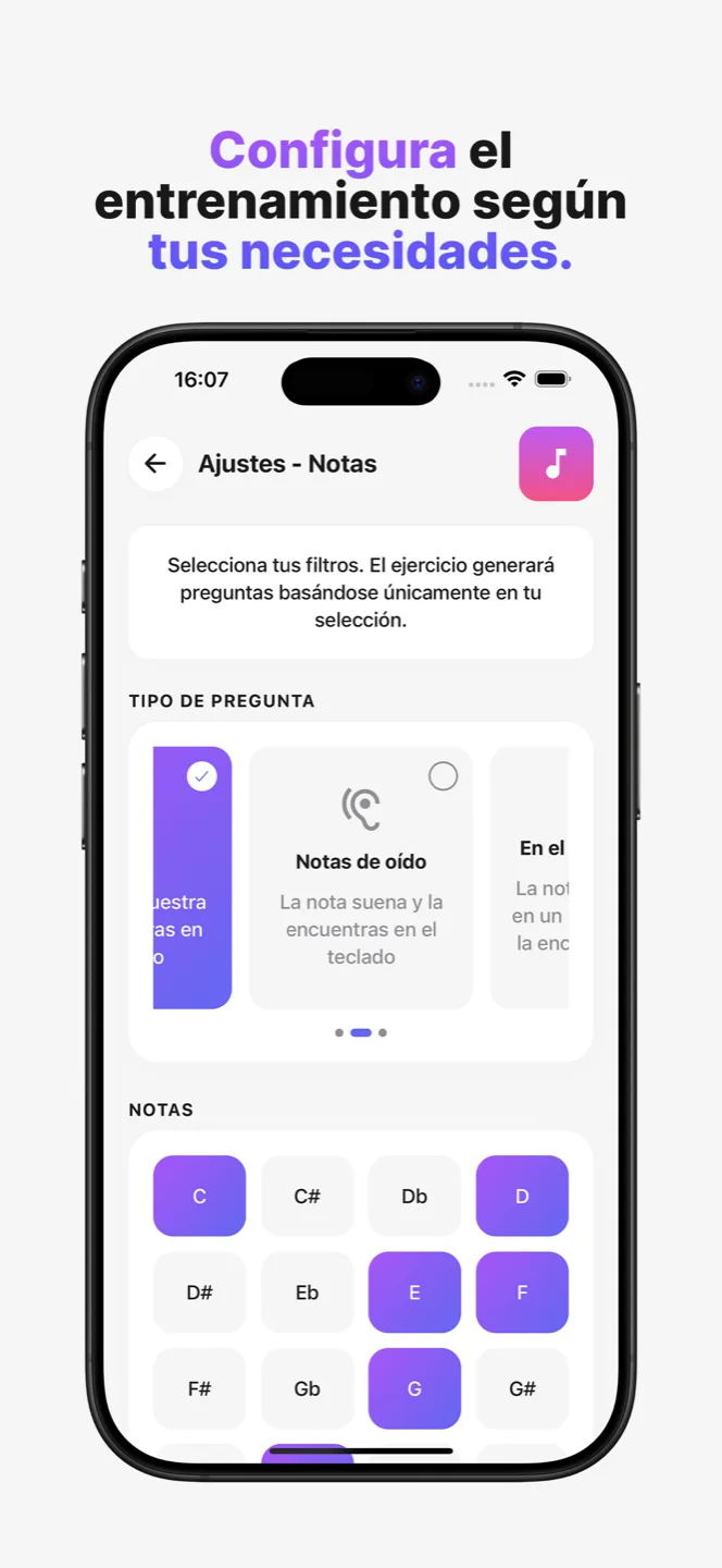 Configura el entrenamiento según tus necesidades.
